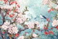 watercolor japanese style nature pattern, blooming sakura tree and a bird on the branch background