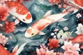 watercolor japanese style nature pattern, sea habitats