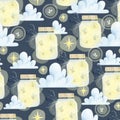 Watercolor jar with fireflies in clouds seamless pattern on dark background Royalty Free Stock Photo