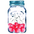 Watercolor jars with cherries inside Royalty Free Stock Photo