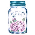 Watercolor jars with peonies inside a white background for Valentine's day
