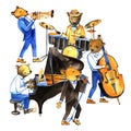 Watercolor jass band music. Good illustration with bears musicians.