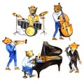 Watercolor jass band music. Illustration with bears musicians. Drummer, singer, pianist, double bass player, trumpeter.