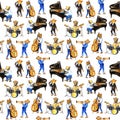 Watercolor jass band music seamless pattern. Good illustration with bears musicians.