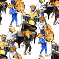 Watercolor jass band music seamless pattern. Good illustration with bears musicians.