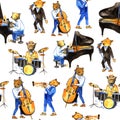 Watercolor jass band music. Seamless pattern. Illustration with bears musicians. Drummer, singer, pianist, double bass