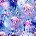 Watercolor jellyfish and algae seamless pattern, rainbow digital paper, bright colorful background