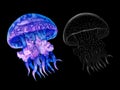 Watercolor jellyfish set in modern bright neon colors and in graphic stroke isolated on black background Vivid