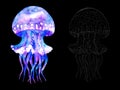 Watercolor jellyfish set in modern bright neon colors and in graphic stroke isolated on black background Vivid