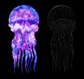 Watercolor jellyfish set in modern bright neon colors and in graphic stroke isolated on black background Vivid