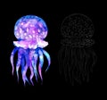 Watercolor jellyfish set in modern bright neon colors and in graphic stroke isolated on black background Vivid