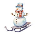 Watercolor jolly snowman on a sled isolated on white background Royalty Free Stock Photo