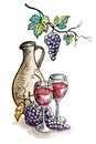 Watercolor jug and glasses of wine grapes isolated on white Royalty Free Stock Photo