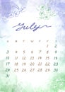 Watercolor July month Calendar template for 2022 year. Week Starts Sunday. Green and violet Splash and flower