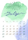 Watercolor July month Calendar template for 2022 year. Week Starts Sunday. Green and violet Splash and leaf