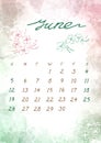 Watercolor June month Calendar template for 2022 year. Week Starts Sunday. Green and pink Splash and flower Royalty Free Stock Photo