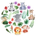 Watercolor jungle friends Animals, africa, tropical leaves