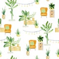 Watercolor jungle seamless pattern tropical plants in pots. Summer garden, house plant and home decor. Floral, palm tree
