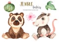 Watercolor jungle set with baby possum and spectacled bear Royalty Free Stock Photo