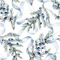 Watercolor juniper twigs, berries and blue ribbons seamless background. Delicate evergreen conifer repeated pattern for