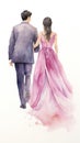 Watercolor Just Married Asian Couple Walking Together AI Generated