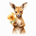 watercolor kangaroo holding flower on white background generative AI