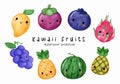 Watercolor Kawaii Fruits Collection with Cute Face, Mango, Pineapple