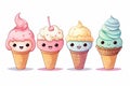 Watercolor kawaii ice cream set cartoon character. Delicious cold creamy ice cream in a waffle cup, watercolor clipart