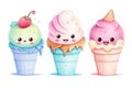 Watercolor kawaii ice cream set cartoon character. Delicious cold creamy ice cream in a waffle cup, watercolor clipart