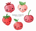 Watercolor Kawaii Red Fruits Collection. Cute and Colorful Illustrations