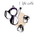 Watercolor kettle and coffee cups illustration on white background.