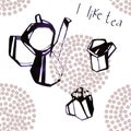 Watercolor kettle and tea cups seamless pattern illustration on white background.