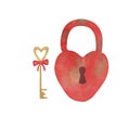 Watercolor key and lock. Heart shaped lock. Hand-drawn illustrations for Valentines day card, design Royalty Free Stock Photo