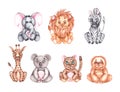 Watercolor kids animals hand-painted on a white background