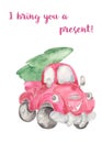 Watercolor kids card with cute pickup and Christmas tree Royalty Free Stock Photo