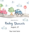Watercolor kids card with cute truck and pickup baby shower Royalty Free Stock Photo