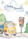 Watercolor kids card with cute truck and traffic light Royalty Free Stock Photo