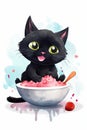 Watercolor kids cartoon cute black cat illustrated