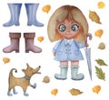 Watercolor kids cute illustration. A girl stands with an umbrella next to a funny dog. Autumn set of yellow leaves and Royalty Free Stock Photo