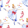 Watercolor kids seamless pattern. Vintage toys, air balloons, ballerina doll. Girl greeting wallpaper design.