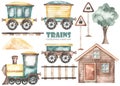 Watercolor kids set with cute cartoon train sideways, house, railroad, rails, tree, railway signs Royalty Free Stock Photo