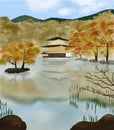 Watercolor kinkakuji temple Kyoto Japan In spring