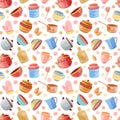 Watercolor kitchen accessories, utensils seamless pattern, background