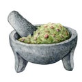 Watercolor kitchen composition of guacamole with ceramic bowl. Hand painted illustration isolated on white background