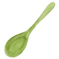 Watercolor kitchen illustration, bright green spoon isolated on white background. For various products, cooking, etc.