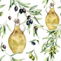 Watercolor kitchen seamless pattern of olives and bottle with oil. Hand painted illustration with olive branches and