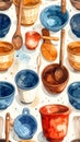 Watercolor Kitchen Utensils Pattern - Bowls, Spoons, and Whisks Royalty Free Stock Photo