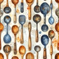 Watercolor Kitchen Utensils Pattern - Spoons, Ladles, and Spatulas Royalty Free Stock Photo
