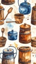 Watercolor Kitchenware Pattern - Rustic Charm and Vintage Style Royalty Free Stock Photo