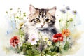 Watercolor kitten delight cute cat with flowers in vintage style